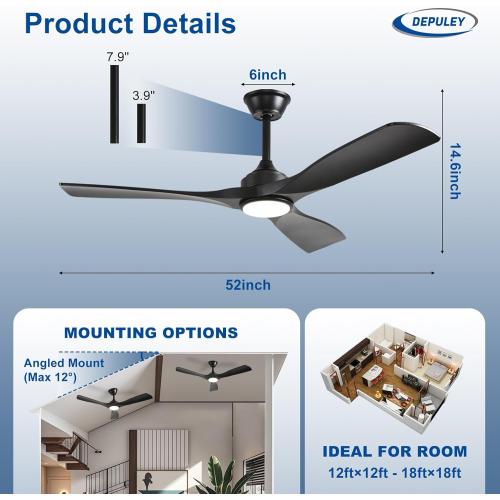 Depuley 52-Inch Ceiling Fan with Light: Black 3 Blade Outdoor Fans for Patios - Dimmable Indoor Fan with Remote APP Control Ultra Quiet DC Motor Reversible 6 Speed Timer