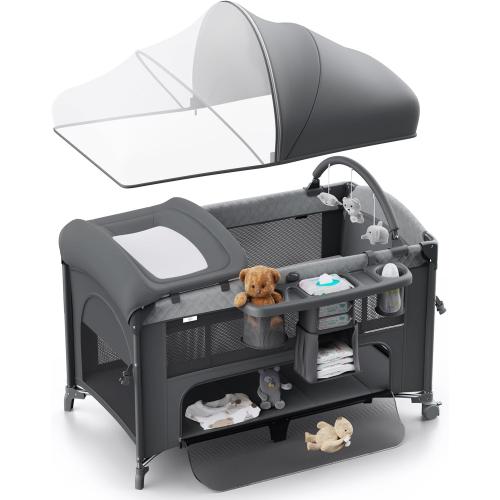 4 in 1 Baby Bassinet, Pack and Play, Bedside Crib Sleeper, Diaper Changer - Comes with Mattress, Mosquito Net, Bottom Storage and Toy Bar for Newborn to Toddles