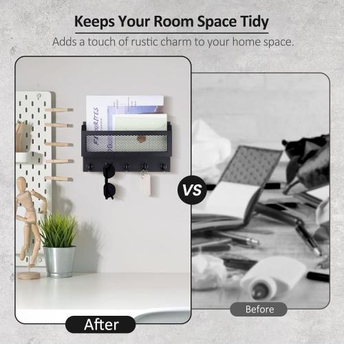 Nekon Mail and Key Holder for Wall Decorative, 11 Inch Wooden Wall Key Organizer with 5 Key Hooks, Wall Mount Storage Shelf for Entryway Hallway (Black)