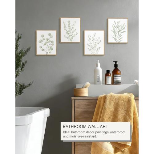 Drsoum Botanical Plant Framed Wall Art Boho Wall Decor for Bathroom Sage Green Eucalyptus Leaf Prints Minimalist Aesthetic Ready to Hang Set of 4, 8x10 in (Natural Framed)