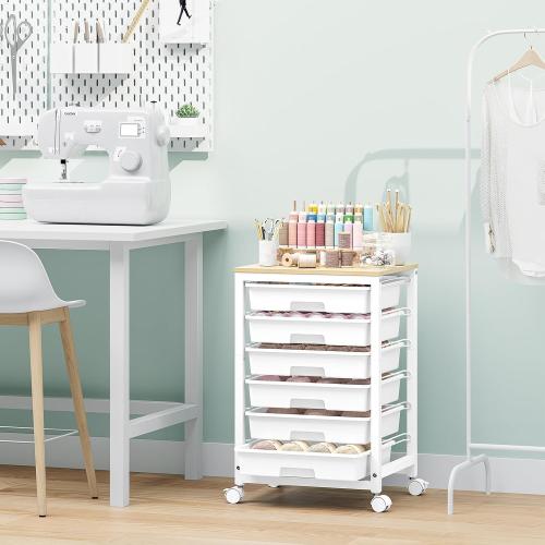 Rolling Storage Utility Cart with 6 Drawers and Wooden Tabletop for Under Desk Storage,White