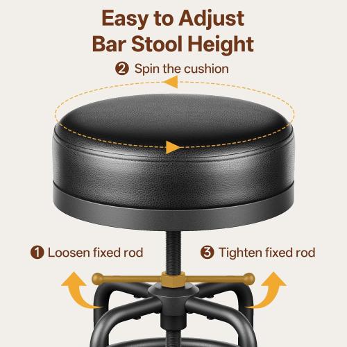 Raynesys Adjustable Height Swivel Bar Stools Set of 2, 22-29 Inch Industrial Vintage Bar Counter Height Stools with Thicken Premium Bonded Leather Seats & Updated Footrests, Easy Assembly, Black