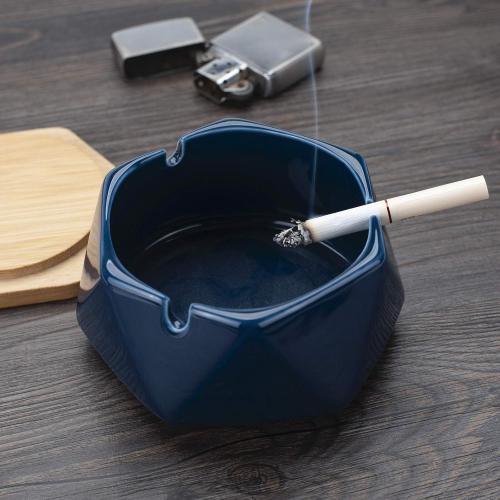 Ceramic Geometric Ashtray with Lid, Windproof Ceramic Ashtray for Indoor or Outdoor Use, Home Office Decoration, Dark Blue