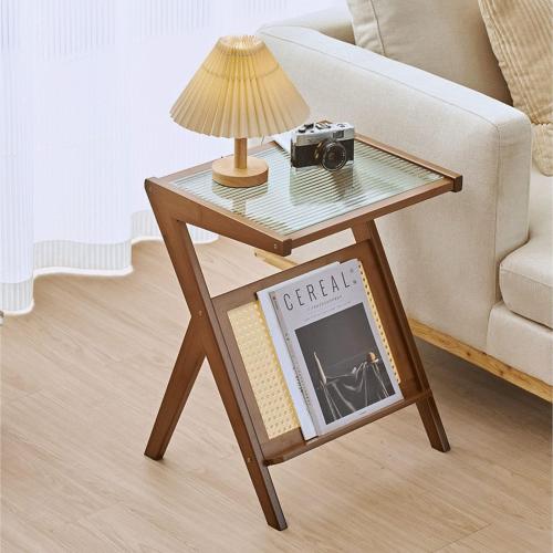 Product new. Box damage Rattan End Table with Magazine Rack Glass-top Bamboo Sofa Side Table Accent Bedside Nightstand Boho Z Shaped Coffee Table for Bedroom Living Room Small Space, Walnut
