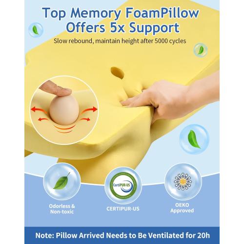 Grey and White Cervical Neck Pillow for Neck Shoulder Pain Relief, Soft Contour Side Sleeper Pillow of 2 Heights, Odorless Q-max Cooling Memory Foam Orthopedic Bed Pillow for Back Stomach Sleeper
