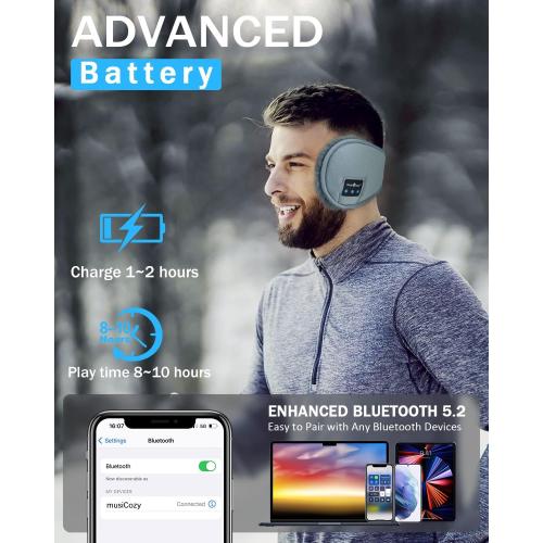 MUSICOZY Bluetooth Headphones Earmuffs Ear Warmers Wireless Headphones Earmuffs, Built-in HD Speakers and Microphone with Carry Bag for Biking Running Cool Tech Gadgets Gifts for Winter(Grey)