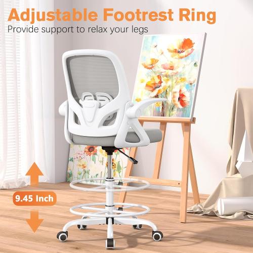 WHITE Tall Drafting Chair with Lumbar Support and Footrest Ring, Supportive Tall Extended Height Ergonomic Desk Chair for Home Work, Breathable Mesh Office Chair with Flip up Arms(Gray)