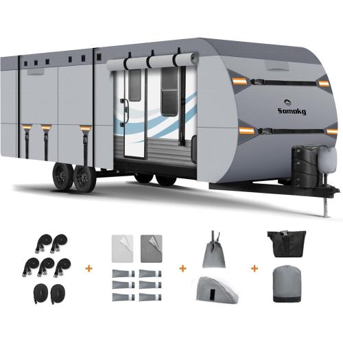 Upgrade 7 Layers RV Cover 27-30 FT, Somokg Heavy Duty Travel Trailer RV Cover, Utility Trailer Cover for Snowproof, Rip-Stop Camper Cover with 5+2 Windproof Straps & Abundant Kit
