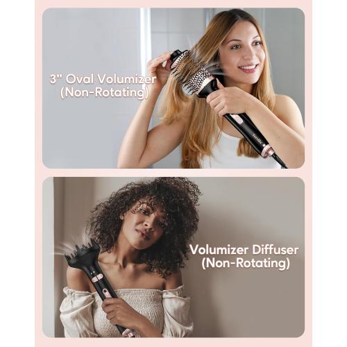 Pink and Black Terviiix 4-in-1 Hot Air Rotating Blow Dryer Brush Kit – 1000W with Rotatable Round Brushes (2 Sizes), Oval Volumizer, and Diffuser – Ideal for Curly Hair, with Arthritis-Friendly Big Buttons, Black
