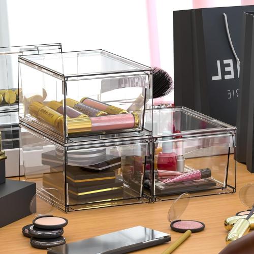 6 Pack Acrylic Drawer Organizer Stackable,Clear Storage Drawer for Makeup,Cosmetics,Beauty Products,Plastic Storage Organizer for Medicine Cabinet Organizer,Bottle and Pump Part Organizer Containers