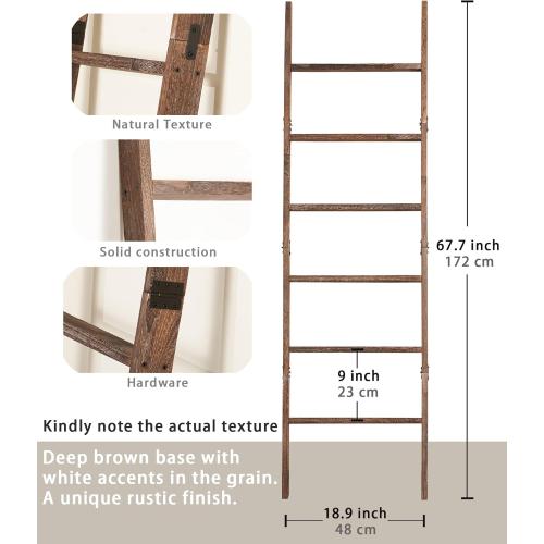Blanket Ladder for The Living Room 6-Tier, Wooden Decorative Quilt Holder for Bed Room, Wall-Leaning Wood Towel Rack for Bathroom，Rustic Farmhouse Ladders for Display. (Washed Brown)