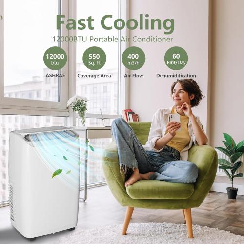 12,000 BTUs Portable Air Conditioner, 3-In-1 Portable.  Dehumidifier & Fan Modes, Digital Display, Quiet Freestanding AC for Home, Office, Bedroom