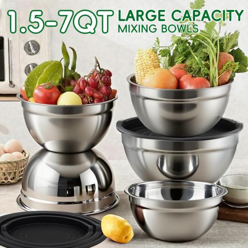 Mixing Bowls Set, 25PCS Stainless Steel Mixing Bowl with Lid Set, Large Nesting Bowls 7, 4.5, 3,2, 1.5QT, Measuring Cups and Spoons Baking Utensils Metal Bowl for Kitchen Prep
