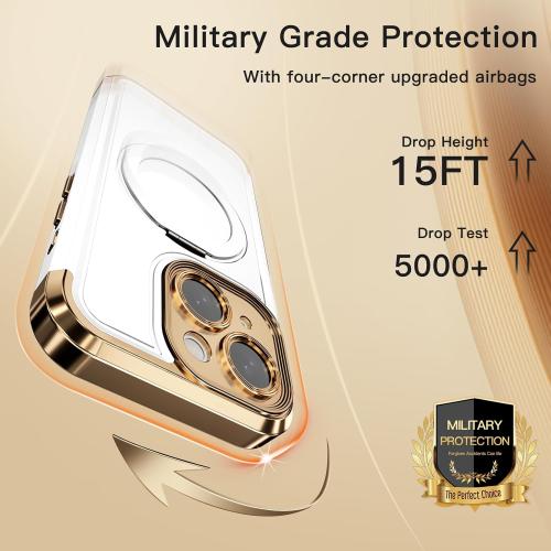 COOLQO for iPhone 14 Case 6.1'' Upgraded 360° Spin Magnetic Stand [Compatible with Magsafe][Military Grade Drop Protection] Shockproof Protective Phone Holder Cover for iPhone 14, White Gold