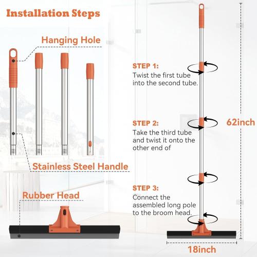 Floor Squeegee for Concrete Floor,18 Large Heavy Duty Squeegee for Floor, Rubber Broom with 62 Long Handle for Bathroom Tile, Garage Concrete, Deck, Shower Glass, Window Cleaning