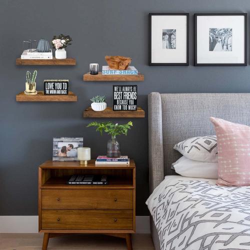 QEEIG Floating Shelves for Wall Bathroom Shelf Bedroom Kitchen Living Room Farmhouse Small Book Shelf 16 inch Set of 4, Brown (015-BN4)
