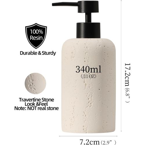 11oz 2 Pack Cream Soap Dispensers 340mL 11 OZ, 2 PCS Luxurious Hand Dish Lotion Shampoo Soap Dispenser Jar, Travertine Soap Pump Bottles for Kitchen Bathroom Countertop (Cream)