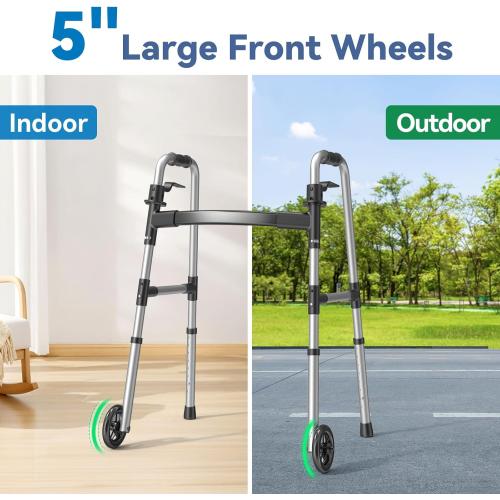Folding Walker with 2 Skis and 5 Wheels, Lightweight Walkers for Seniors and Adults, Supports Up to 350 Pounds, Adjustable Height, Compact Standard Walker, Black