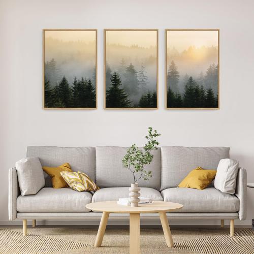 FWIEXA Misty Forest Wall Art Set Framed, Large Mountains Canvas Wall Decor, Green Nature Wall Painting, Foggy Tree Landscape Artwork 3 Panel 24x36 Inches for Living Room, Bedroom, Office, Gift