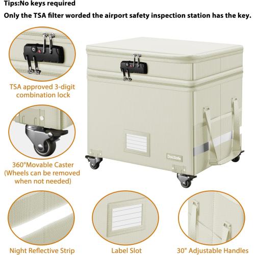 Beige,16''x13.8''x12.2 DocSafe Fireproof Document Box with Lock,2-Layer File Box with Wheels,Collapsible File Storage Organizer with Pockets,Large Portable Office Filing Cabinet for Hanging Folders