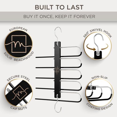 MORALVE Pants Hangers Space Saving - 2 Pack European Beechwood Scarf and Jean Hangers - Closet Organizer and Space Saver Pant Rack, Leggings Hanger, and Scarf Holder with 360° Swivel Hook