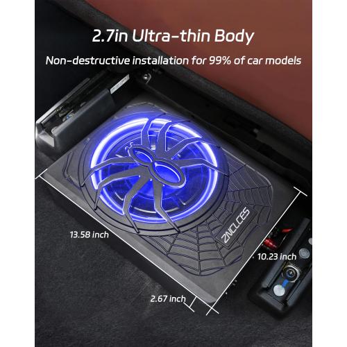 2025 Upgraded 10 1200W Slim Under Seat Powered Car Subwoofer, Car/Truck Sub Built in Amplifier for Outstanding Heat Dissipation, Powerful bass and Blue LED (Blue Light)