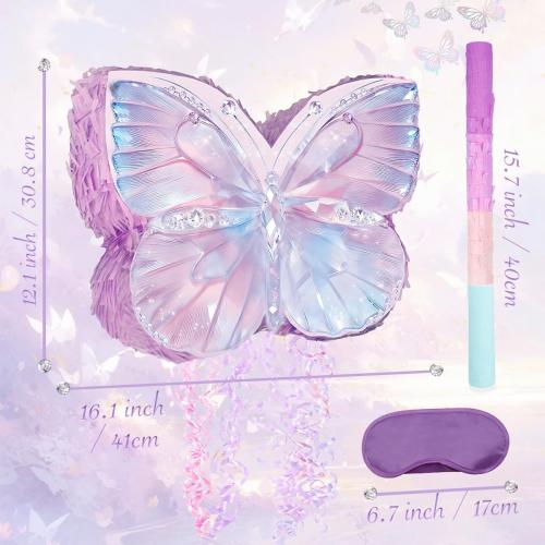 Butterfly Pinata Set - Purple Crystal Butterfly Pull String Piñata with Blindfold, Bat, Confetti for Birthday Fairy Party Decorations (16.1'')