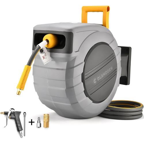 Air Hose Reel 100 Ft Retractable, 3/8 in x 100 Ft Hybrid Hose Air Compressor Hose Reel with 6 Ft Lead in Max 300 PSI Patented Design for Any Length Lock 180°Swivel Bracket Quick Coupler