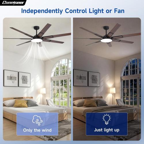 72 Inch Ceiling Fans with Lights and Remote, Living Room Office Library Cafe Industrial, Indoor/Outdoor Use, 5CCT Dimmable, Dual Color 7 Blades, 6 Speed Reversible Quiet DC Motor, Black/Wood Grain
