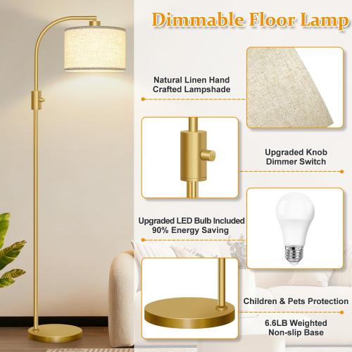 Nintiue Upgraded Modern Arc Dimmable Tall Standing Floor Lamp with Linen Shade, 1200 Lumens LED Bulb Included, for Living & Reading Room, Bedroom, Office & Nursery, Gold