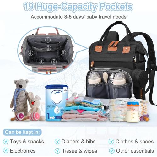 Diaper Bag Backpack Baby Bag for Mom Dad with Changing Pad, 19 Pockets, Large Waterproof Travel Baby Girl Boy Toddle Diaper Bag with Insulated Pocket, Baby Shower Gifts, Black