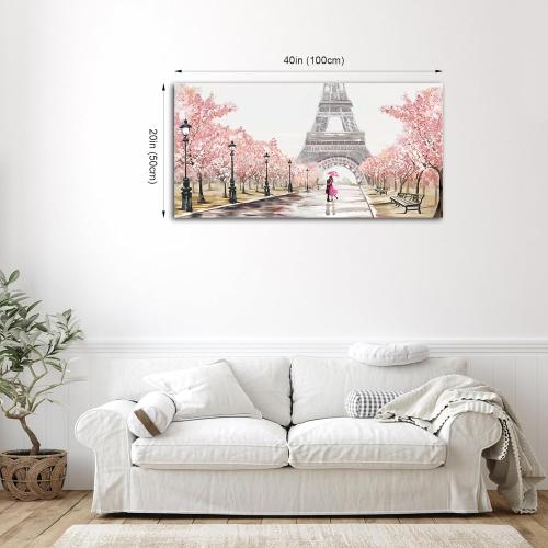 Eiffel Tower Canvas Wall Art - Romantic Paris Street Scene with Cherry Blossoms & Couple, Pink 20x40 Inch, Ready to Hang Framed Print for Living Room Bedroom Decor (Gallery Wrapped)