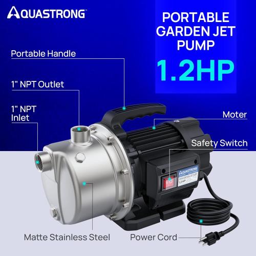 Aquastrong 115V Shallow Well Garden Pump, Stainless Steel, 1210 GPH, Water Transfer Draining Irrigation Sprinkler Pump, for Lawn,Garden,1.2 HP Portable