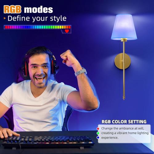 Battery Operated Wall Sconce Set of 2,Gold Rechargeable Wall Lights with 10400mAh Dimmable Bulbs and Remote,10 Colors Wireless Wall Lamps for Bedroom Living Room Hallway Decor