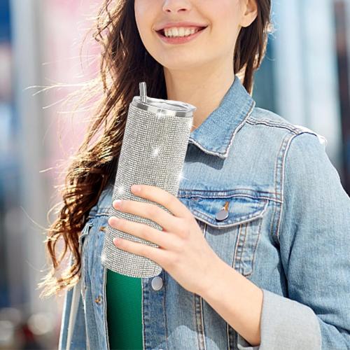 Diamond Stainless Steel Insulated Water Bottle With Straw & Brush - Reusable Leak-Proof Glitter Bottle for Women - Iced Coffee Cup Multicolor