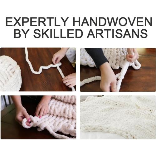 Luxury Super Chunky Knit Throw Blanket, Handmade Chenille Cable Knit Crochet Blanket 50x60, Soft Thick Chunky Yarn Knit Throw for Couch & Bed, No Shedding, Ivory/Cream Home Decor Gift