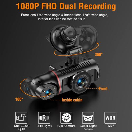 Dash Cam Front and Inside, FHD Dashcams for Cars with 64GB Card Dash Camera for Cars, 1080P Front Dash Cam 1080P Inside Dashcam for Car Dash Camera with IR Night Vision Loop Recording