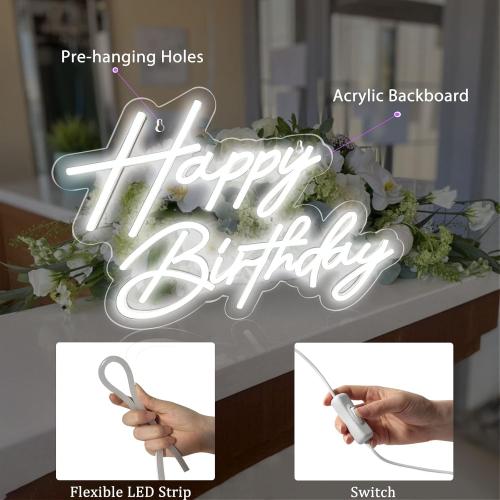 Happy Birthday Neon Sign for Wall Decor, 17×12 Inch White Led Neon Light Signs, Art Decoration Happy Birthday Neon Light Sign for All Birthday Party Decoration with 2 Pcs Pasters
