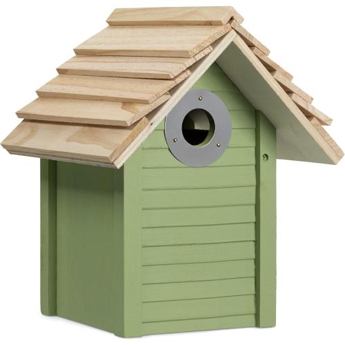 Navaris Wooden Bird House - Garden Nesting Box for Small Birds - Pine Wood Birdhouse - Real Wood Nester Cabin for Robins, Blue Tits, Sparrows - Green