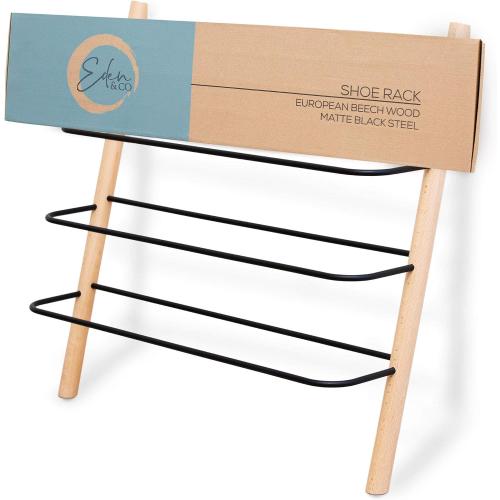 Beech Wood and Black Wooden Shoe Rack Organizer - Modern Shoe Rack That Holds 12 Pairs of Shoes | Wooden Shoe Racks for Closets 3 Tier Could Be Used in the Kitchen, Entryway or Mudroom for Extra Storage (Beech, 3 Tier)