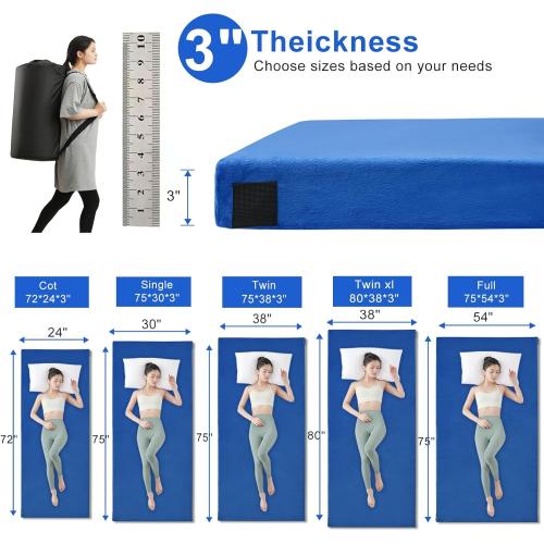 Blue Memory Foam Camping Mattress pad, Comfortable Thick Floor Sleeping Mat for Adults with Waterproof and Non-Slip Bottom, Portable Roll Up Mattress for Sleepover Guest,Cot Mad for Car Camping