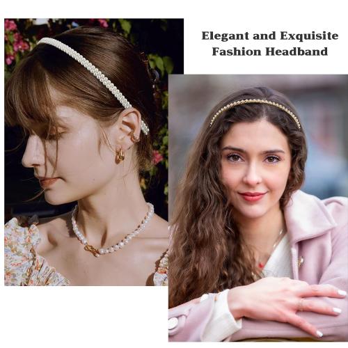 Pearl Headbands 4 Pack - White Faux Pearl Bridal Hair Hoops, Cute Party and Wedding Hair Accessories for Women and Girls