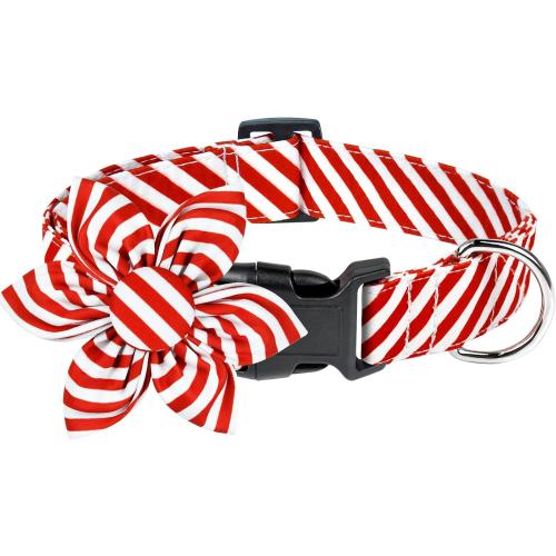 Malier Christmas Dog Collar with Flower, Red Dog Christmas Collar with Buckle Adjustable Cotton Collar for Small Medium Large Dogs Puppy (X-Small, Red Stripe)