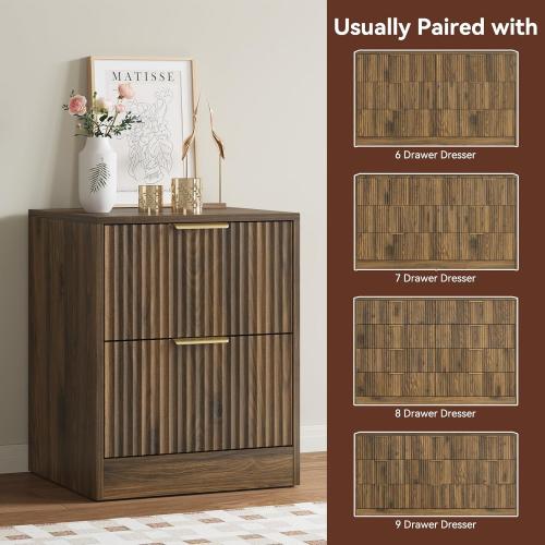 Set of 2 Walnut Nightstand with 2 Storage Drawers, Modern Fluted Night Stand Bedside Table, Bed Side End Table with Golden Handles for Bedroom, Walnut