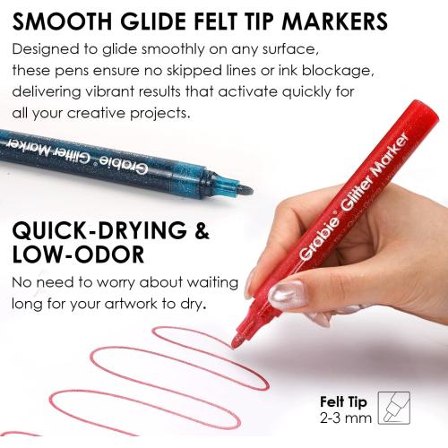 Grabie 24 Glitter Metallic Markers, Medium Tip Glitter Acrylic Paint Markers, Quick-Drying Water-based Ink Glitter Pens for Adults, DIY Crafts Making, Set of 24