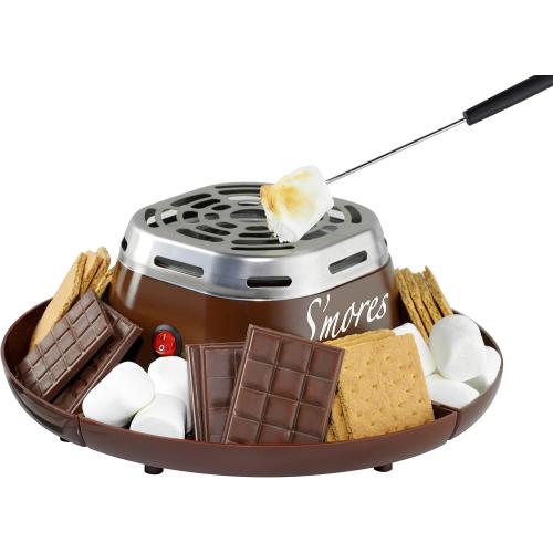 Nostalgia Tabletop Indoor Electric S'mores Maker - Smores Kit With Marshmallow Roasting Sticks and 4 Trays for Graham Crackers, Chocolate, and Marshmallows - Movie Night Supplies - Brown