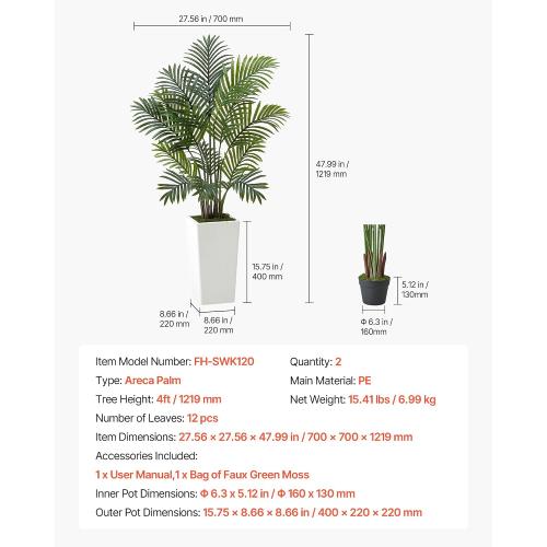 VEVOR Artificial Areca Palms 4 ft, 2 Pack Fake Palm Tropical Plants with White Tall Planter, Faux Floor Silk Plant in Pot, Large Tree for Home Office Living Room Decor House Warming, Indoor Outdoor