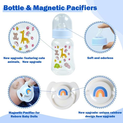 SCOM Reborn Baby Doll Accessories Set - Rainbow Magnetic Pacifiers & Removable Reusable Baby Doll Bottles with Silicone Pacifier Clips for Reborn Dolls Boys for Doll Lover, Blue Style, 3 Pcs
