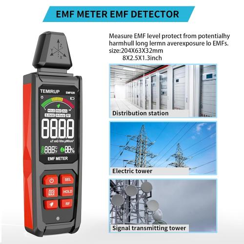 EMF Detector, TEMIRUP 5 in 1 Handheld EMF Meter Radiation Detector, Detects EF, RF, MF, WiFi Signal,Temperature, Humidity, Rechargeable EMF Reader with Large Color LCD for Home, Office, Ghost Hunting