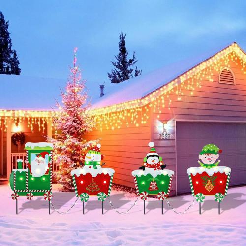 WONDER GARDEN Christmas Metal Yard Stakes, Lighted 3 Pack Christmas Garden Stakes Yard Signs, Outdoor Decorations Train with Santa, Snowman, Penguin, Boy for Lawn Party Outside
